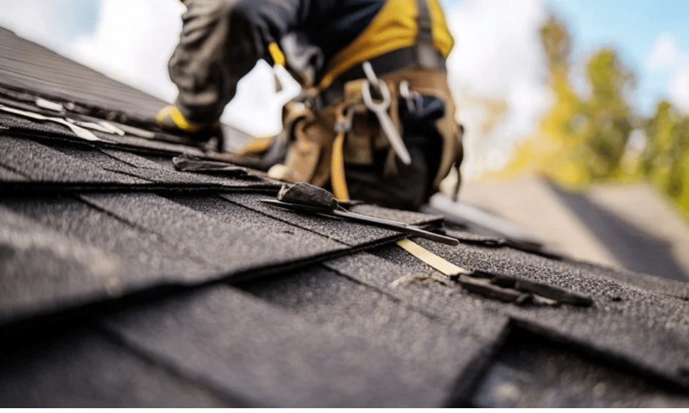 “emergency roof repairs for retail centers after severe weather” Storm-damaged roof at a retail center with emergency tarping—get urgent repair services from WaterTight Roofing to secure your business fast. Call 888-809-9976 now!