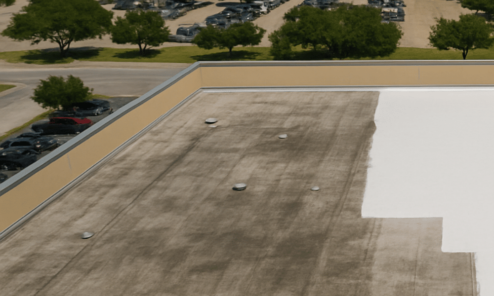 the cost of delaying storm damage roof repairs A storm-damaged commercial roof with visible water intrusion—don’t delay repairs. Contact WaterTight Roofing for immediate inspection and service. Call 888-809-9976 today!