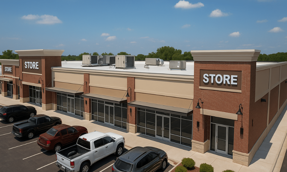 commercial roofing for multi tenant retail centers challenges and solutions Image of a commercial retail plaza roof being inspected for weather damage. Protect your tenants and property—schedule an expert inspection with WaterTight Roofing today. Call 888-809-9976 now!