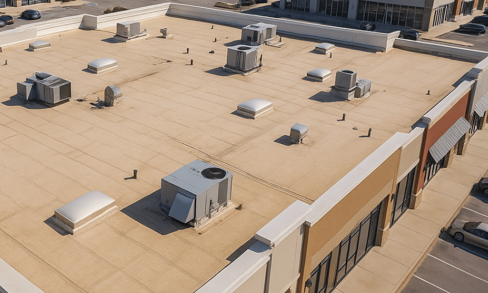 roof restoration vs. re covering what’s the better investment Image showing commercial flat roof undergoing restoration, highlighting benefits of cost-effective maintenance. Contact WaterTight Roofing to choose the right solution for your building. Call 888-809-9976 today!