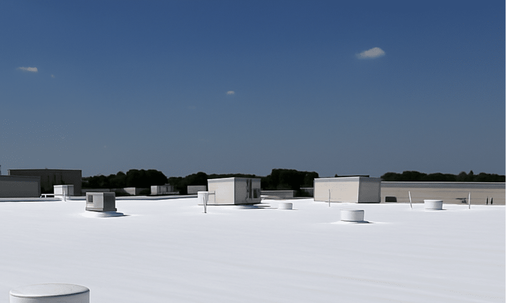 A high-performance SPF roof system being installed on a flat commercial roof. Discover how SPF protects your building—contact us for a custom quote today!
